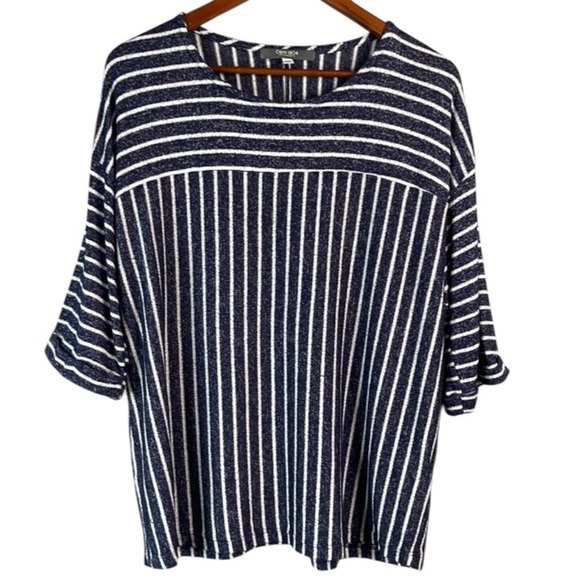 Coin 1804 Stripe Knit Top Navy White 1/2 Sleeve Round Neck Brushed Stretch 2X - Picture 2 of 11